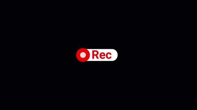 Recording REC Text Button Animation with Alpha Channel, Blinking Record Icon for Live Stream, Video Recording Indicator Overlay on Transparent Background in 4K