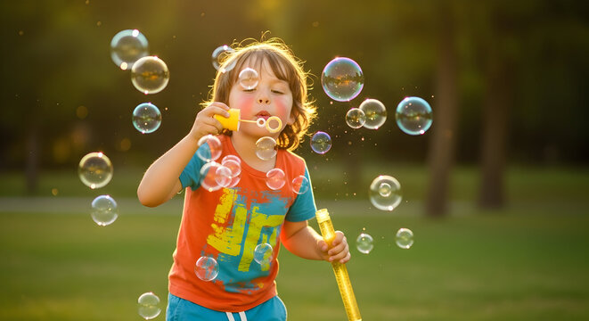 Happy child blowing bubbles outdoors. Young kid having fun with soap bubbles.