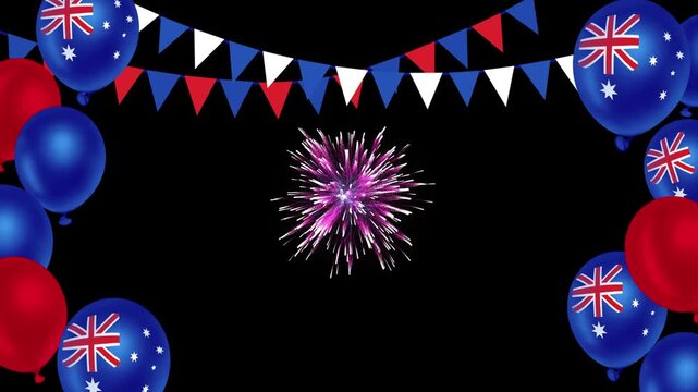Australian flag balloons and red balloons frame a central fireworks display with hanging bunting, creating a vibrant and energetic background for holiday celebrations and national public event.