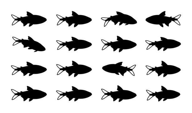 Vector Silhouette Fish Collection, Aquatic Animal Icons, Marine Life Graphics, Underwater Creatures Set, Black and White Simple Design