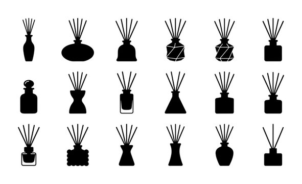 Aromatic Reed Diffuser Bottle Icons, Home Fragrance Set, Essential Oil Aroma Sticks, Decorative Glass Vases, Vector Collection