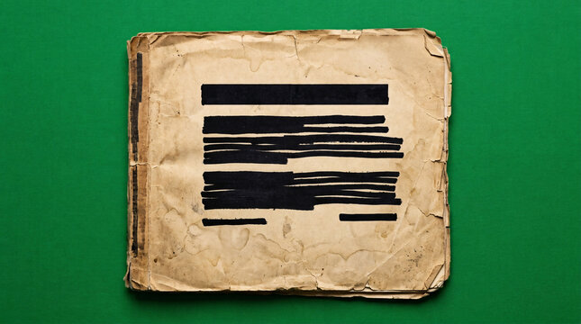 A tattered, aged book with censored text lies on a vibrant green surface, hinting at forgotten secrets and redacted information.