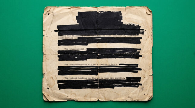 Blacked out document with censored text on aged paper, representing redacted information and secrecy.