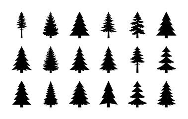 Obraz premium Diverse Pine Tree Silhouettes, Evergreen Forest Icons, Conifer Woodland Vector Collection, Nature Elements Set