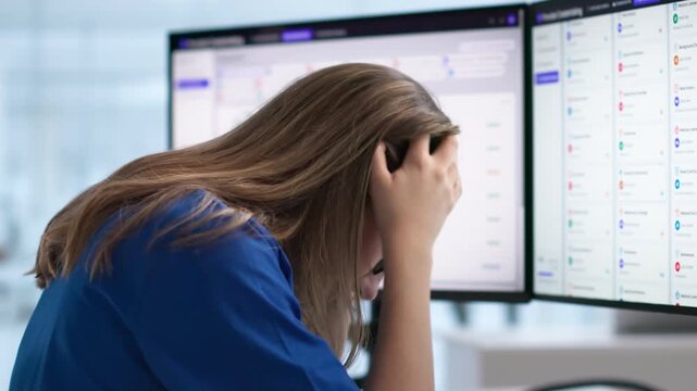 Tired Nurse Using Computer, Facing Stress