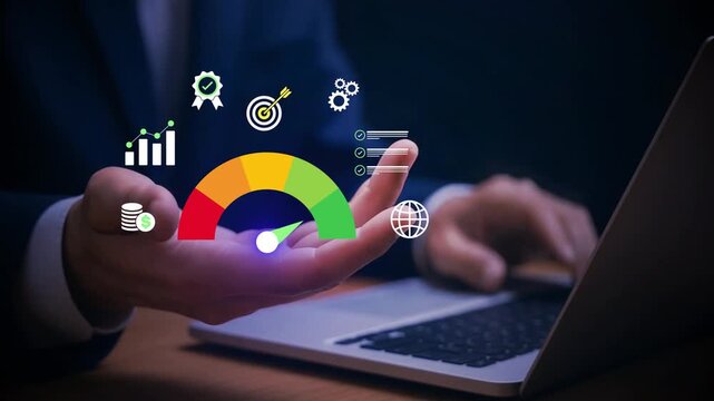 Cost management concept with businessman holding performance gauge, showing financial planning, data analysis, and strategy to reduce expenses and improve company efficiency, 4k video clip