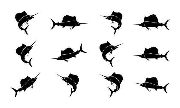 Sailfish Silhouette Collection, Dynamic Ocean Wildlife Icons, Marine Animal Vector Graphics, Sport Fishing & Seafood Design Elements