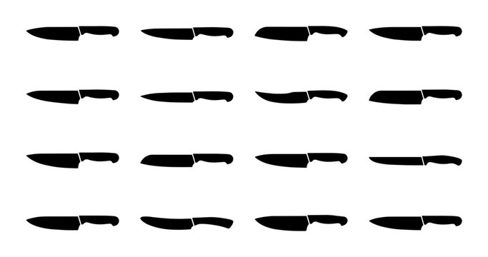 Collection of 16 Chef Knives, Kitchen Utensils, and Culinary Tools, Black Silhouette Vector Icons for Food Preparation and Cooking Graphics
