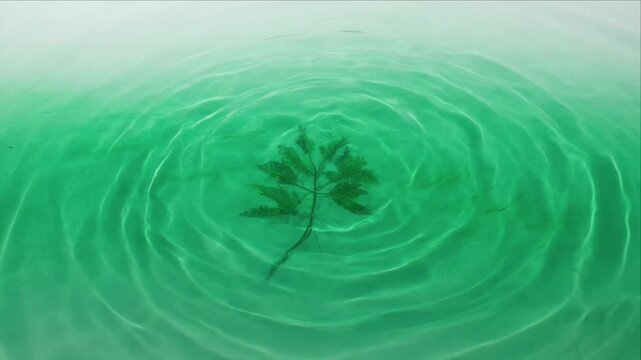 Luxury green water light overlay background with single leaf floating calm ripple circle nature art mood and peaceful abstract design and serene green water ripple luxury light overlay background