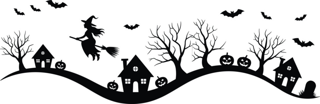 Halloween landscape border black silhouette vector illustration, flying witch spooky houses pumpkin and bats background
