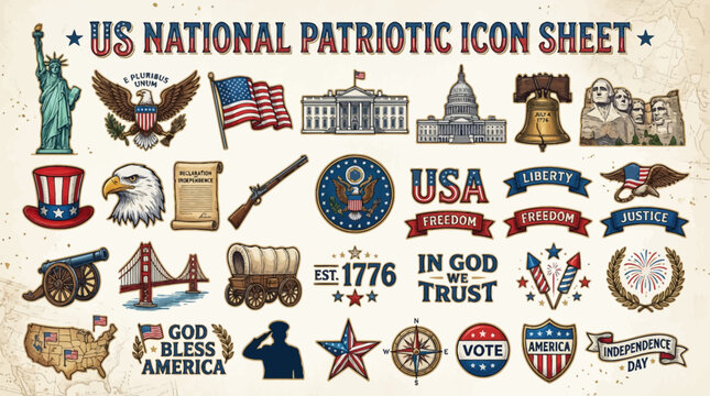 USA Patriotic Icons Set: Liberty, Symbols, History, Freedom, Independence Day
