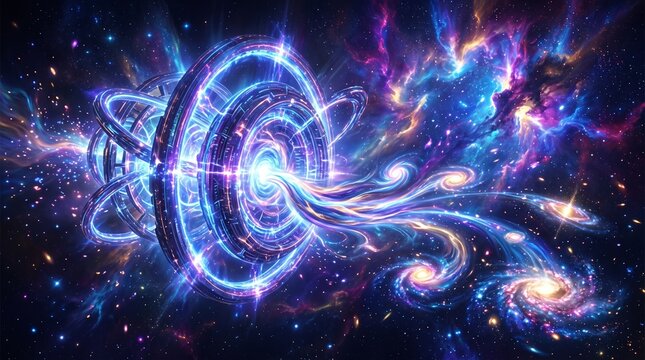 Stellar gateway construction creating cosmic portal manifesting swirling spiral galaxies across dark deep space background depicting artificial energy vortex emitting luminous light rays.