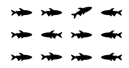 Fototapeta premium School of Silhouettes, Twelve Fish Icons, Aquatic Life Vector Set, Marine Biology Graphics, Underwater Schooling Pattern