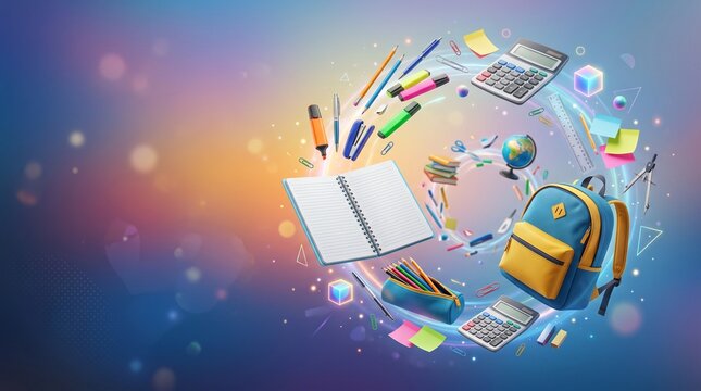 Educational Concept with Floating School Supplies, Backpack, Notebook, and Stationery on a Soft Gradient Background