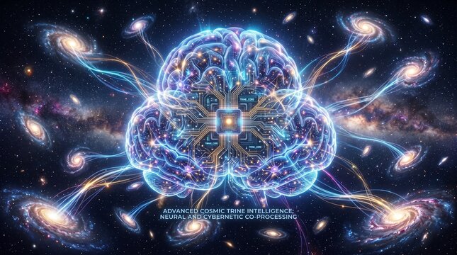 Advanced cosmic trine intelligence display showing human brain structure integrated with central processor chip connected to multiple rotating spiral galaxies via glowing light links.