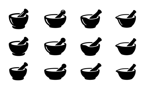Mortar and Pestle Icons Set, Pharmaceutical Grinding Tools Collection, Medical Lab Equipment Graphics, Black and White Vector Illustrations for Healthcare and Science