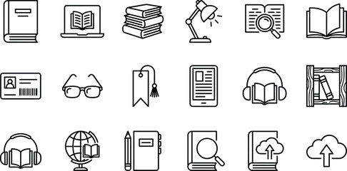 Minimalist library and digital education vector line icon set featuring books, online reading laptop, desk lamp, audiobook headphones, glasses, and cloud learning elements