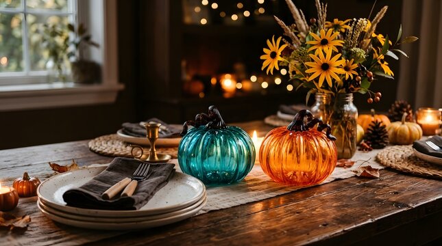 Happy halloween table setting festive pumpkins fall florals and cozy autumn decor
