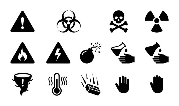 Hazard Symbols Collection, Danger Icons Set, Warning Signs Vector Graphics, Safety Alerts, Biological, Chemical, Radiation, Fire, Electricity, Explosion, Toxicity, Falling Objects, Weather