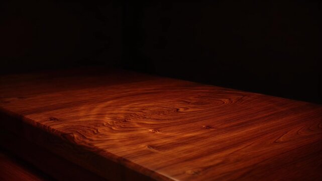 Luxury wood table warm light overlay background texture surface dark rich grain pattern elegant calm scene for product display mockup minimal warm atmosphere depth and inviting background surface