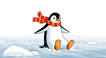 Fototapeta premium Penguin wearing scarf in snowy landscape. Cartoon bird in winter clothing.