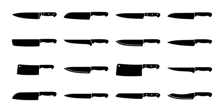 Kitchen Knife Collection, Chef Knives Set, Slicing Blades, Chopping Tools, Culinary Utensils, Black Vector Icons for Food Preparation
