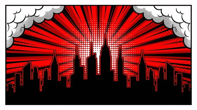 Dark red anime-inspired skyline with powerful radial burst rays and bold urban silhouette. Perfect for dystopian themes, action comics, gaming, and cinematic graphics.