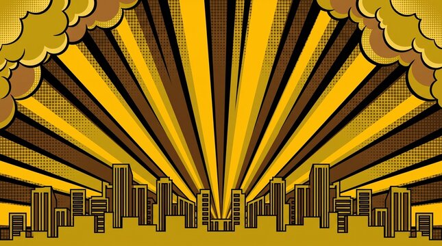 Anime-inspired golden city skyline featuring dramatic radial sunburst rays, comic clouds, and vintage halftone texture. Perfect for manga backgrounds, posters, gaming assets, banners