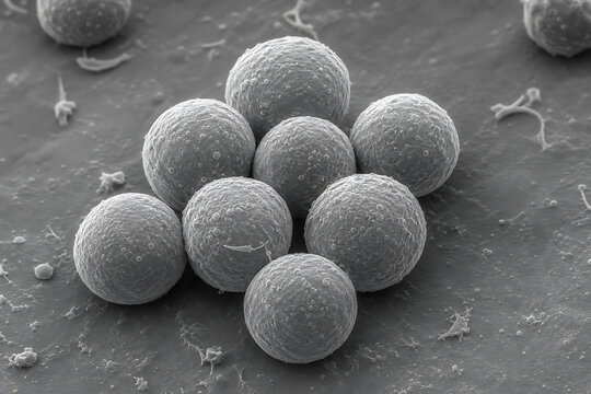 A detailed scanning electron micrograph showing a cluster of spherical biological cells