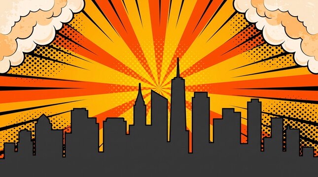Retro anime skyline background featuring vibrant sunrise rays, fluffy clouds, and urban silhouettes. Great for manga panels, posters, presentations, and digital artwork.