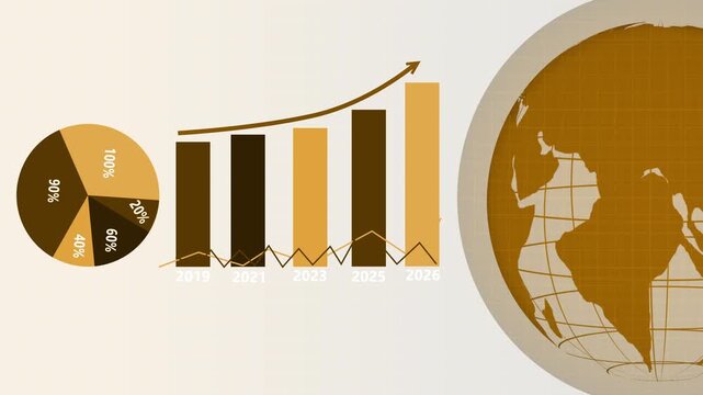 Neon business infographic with globe and charts animation, Neon-themed business infographic with pie chart, bar chart (2019-2026) and stylized magenta globe
