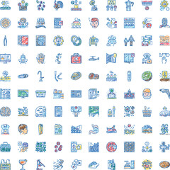 Naklejka premium Collection of multicolored hand drawn style doodle icons presenting various symbols, abstract ideas, objects, and concepts for business, technology, lifestyle, and health applications