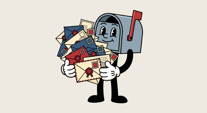 Retro cartoon mailbox character holding a stack of letters and mail