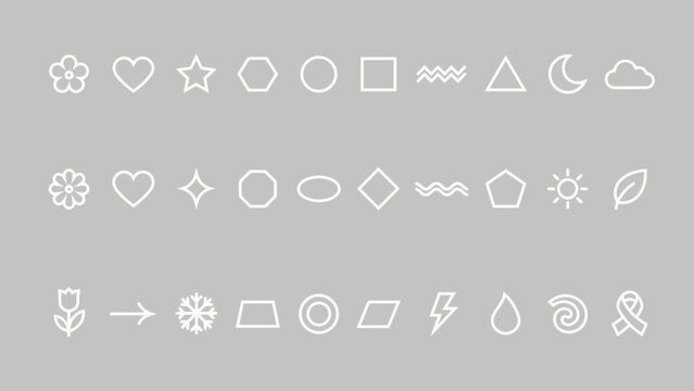 Collection Of White Line Icons Featuring Geometric Shapes Flowers Weather And Abstract Symbols arrow cloud diamond floral flower glyph