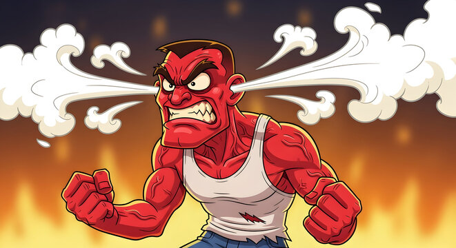 Angry red demon breathing fire. Fierce cartoon monster exhaling flames.
