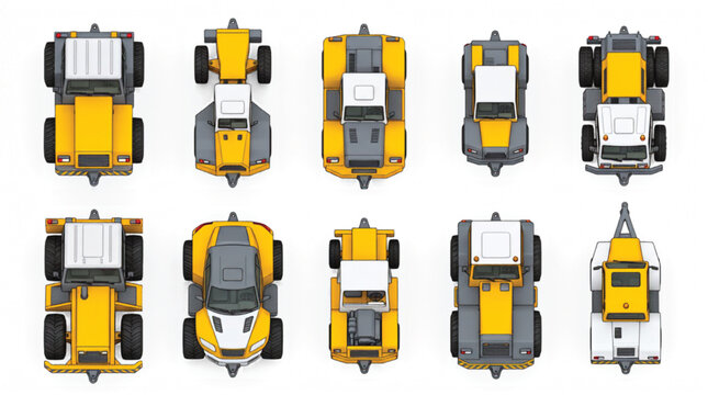 Top View Aircraft Pushback Tractor Collection with Generic Airport Support Vehicles Three Color Vector Asset Set