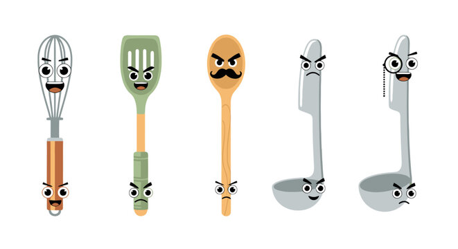 Playful kitchen utensils with funny cartoon faces: whisk, spatula, spoon, ladles. Vector set on white background.