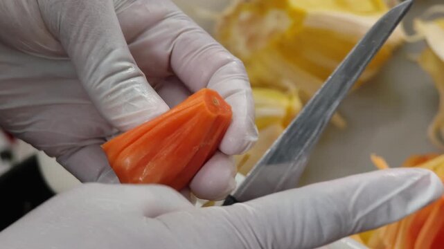 Hands peeling fresh fruit jackfruit.