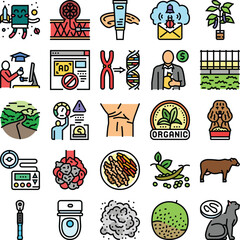 Fototapeta premium Grid of diverse line icons on white background covering education, health, tech, science, finance, agriculture and daily life for web, app and infographic use, simple vector set