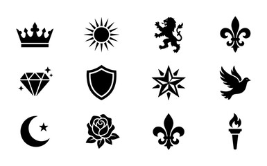 Heraldic Icons Set: Crown, Sun, Lion, Fleur de Lis, Diamond, Shield, Star, Dove, Crescent Moon, Rose, Torch Vector Graphics for Royalty, Luxury, and Emblem Design © Orbind