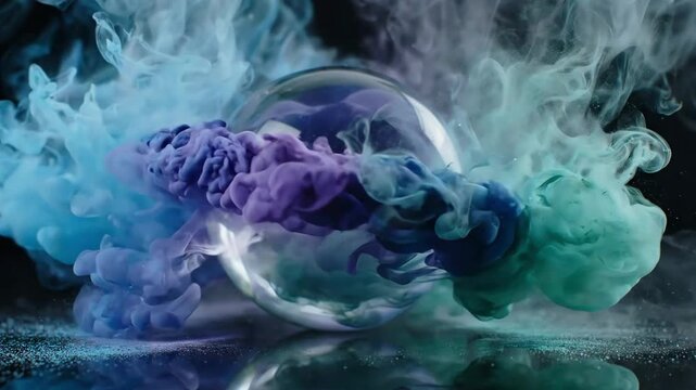 Abstract crystal sphere surrounded by swirling colorful ink clouds in dark water.