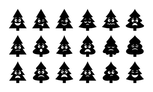 Christmas Tree Emoticons Vector Set: Festive Holiday Expressions, Black Silhouettes, Seasonal Icons for Winter Design and Greeting Cards