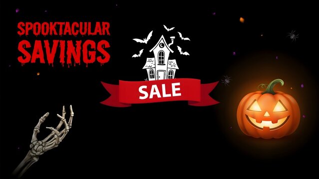 Spooktacular halloween sale banner skeleton hand jack o' lantern and haunted house promotion graphic