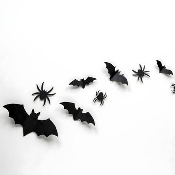 Spooky halloween decorations black paper bats and spiders on white background for festive party supplies
