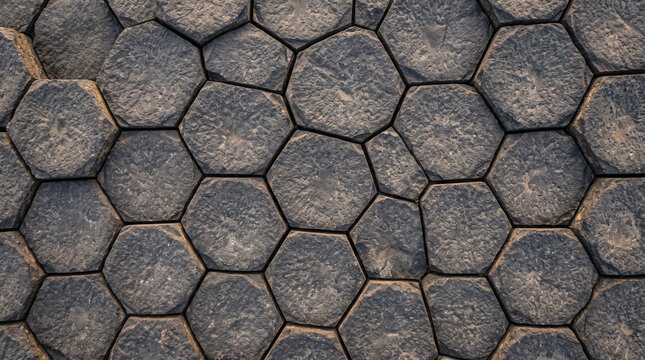 Top down view of hexagonal columnar basalt rock formation