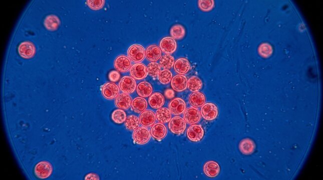 Microscopic view of eimeria oocysts in a fecal sample