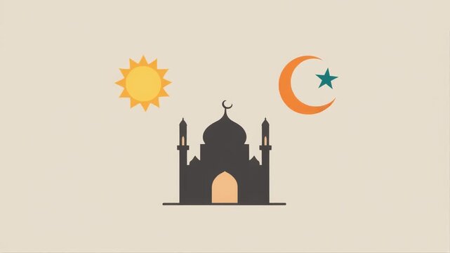 Mosque Islamic animation video. Flat vector graphics featuring a rising sun, crescent moon, and star over a mosque silhouette. Perfect for Ramadan Kareem and Eid Mubarak greetings
