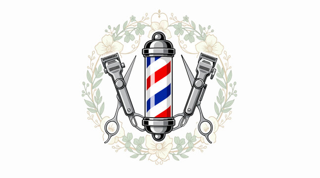 vintage barber shop logo, striped pole and scissors