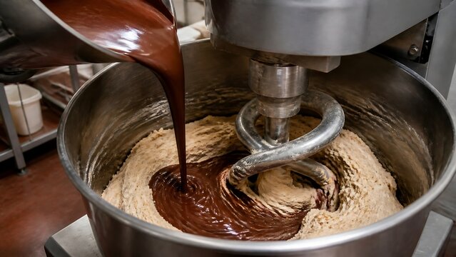 Liquid chocolate being poured into a large industrial mixing machine for professional bakery food production