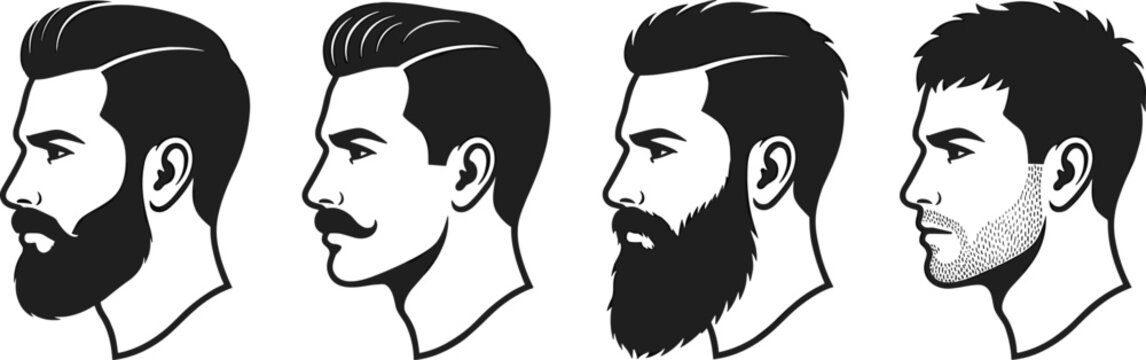 Men Hairstyle and Beard Style Profile Set with Lumberjack Full Beard Mustache and Stubble Vectors for Barber Shop Logos and Grooming Branding